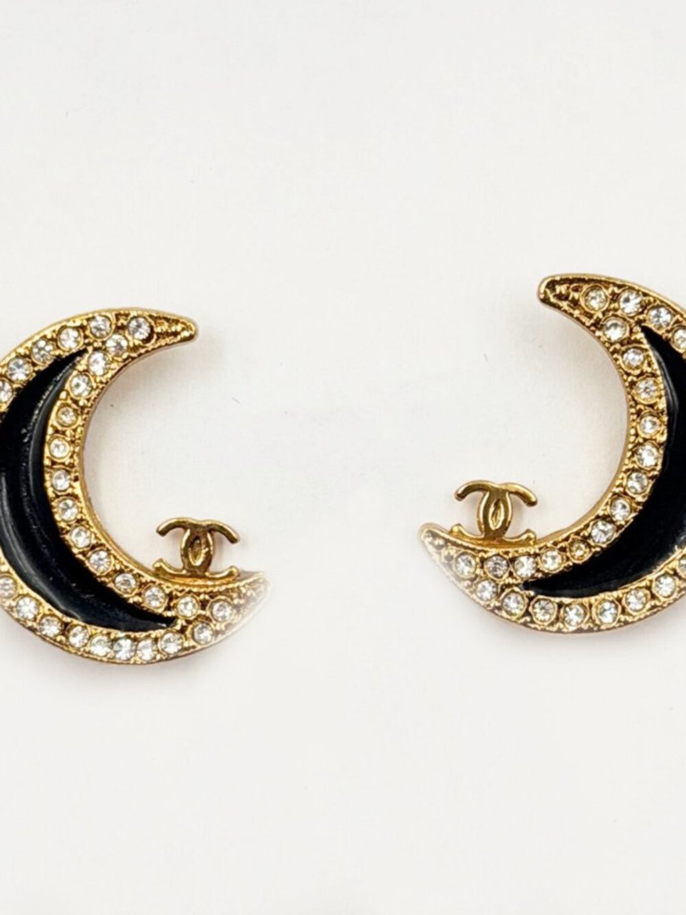 Chanel Vintage Gold Plated CC Black Moon Crystal Clip on Earrings
